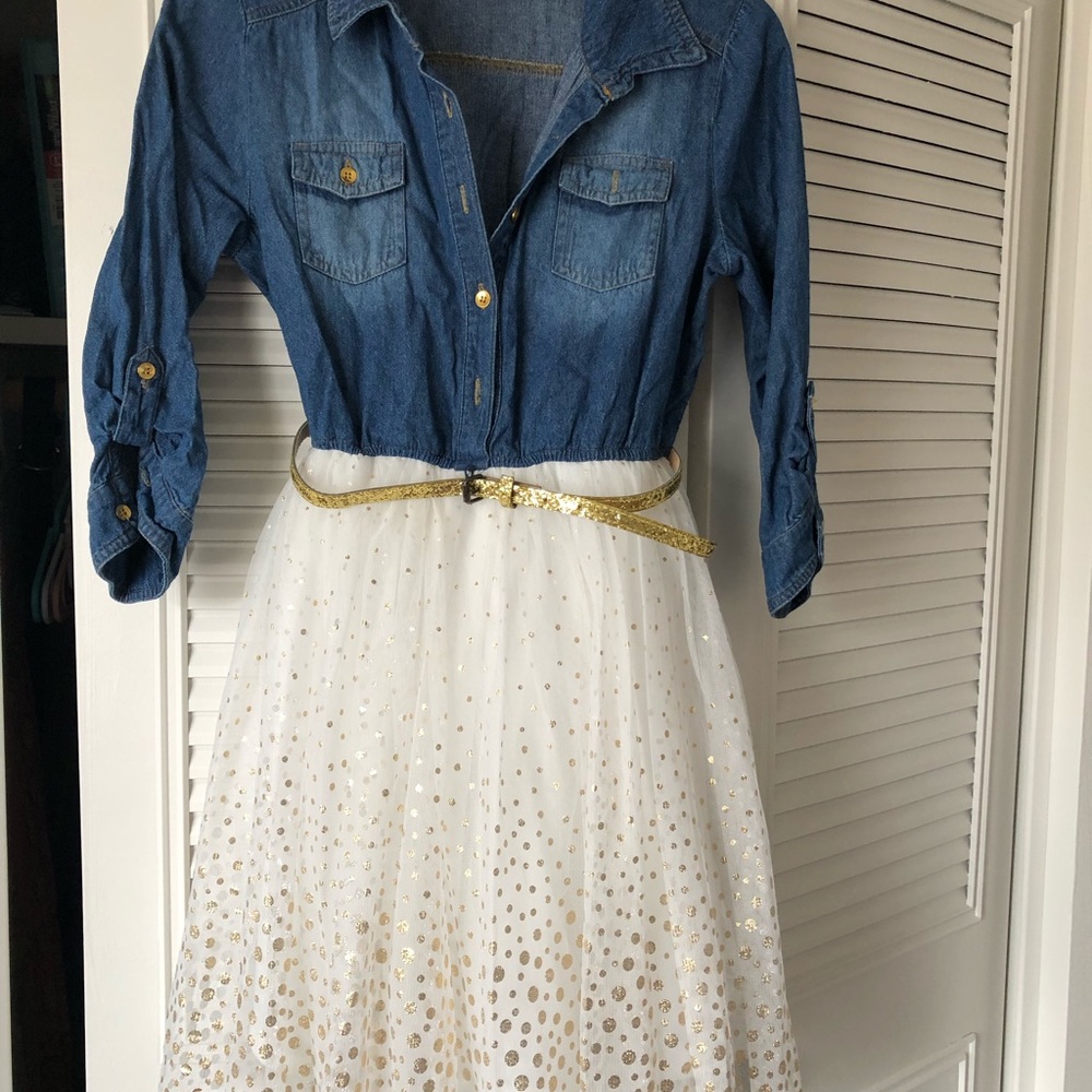 Girls size 14 belted “Denim”dress w/sheer skirt